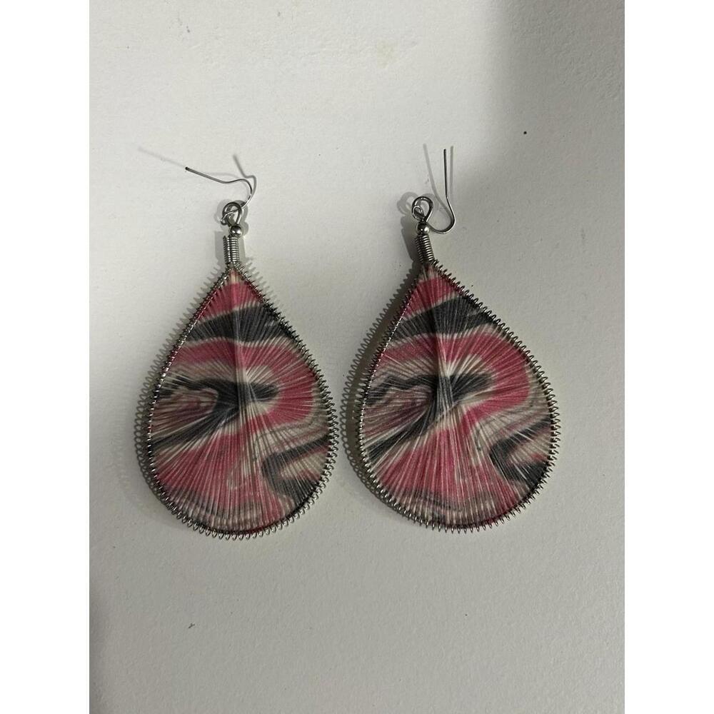 Large Silver Dangle Earrings with Pink Tie Dye Print Design Fishhook Back